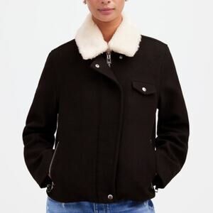 Madewell Sherpa-Collar Asymmetric Zip-Front Jacket Womens XXS Black White Wool